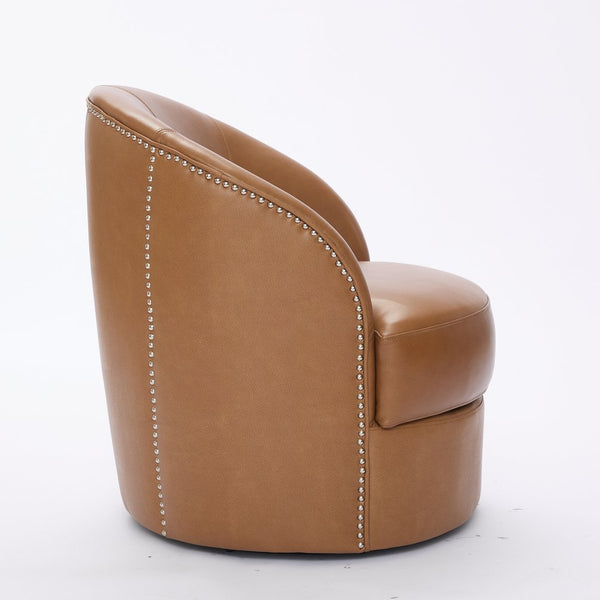 English Elm Light Brown Top-Grain Leather Swivel Accent Chair with 360° Smooth Spin, Rivet Detail, Sturdy 150kg Base W570P386949
