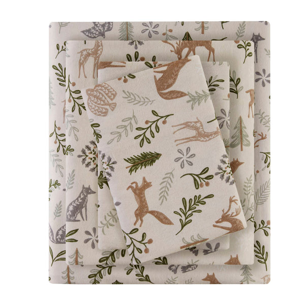 English Elm 3 Pcs Cozy Tan Woodland Winter Flannel Sheet Set - Soft, Breathable Cotton For Ultimate Comfort B035P319738