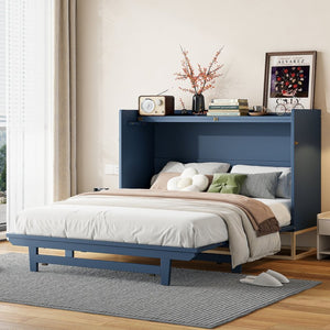English Elm Queen Size Murphy Bed With Iron Legs, Modern Blue Finish, Space-Saving Design For Stylish Living N820S00035N-GIGA