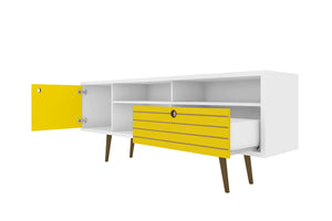 English Elm Liberty 71" TV Stand with Mid-Century Splayed Legs, Wire Management, Drawer & Cubby Storage Yellow+White B365P398364