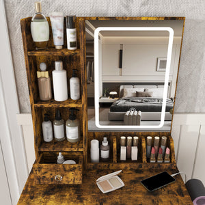 English Elm Modern Vanity Desk with Led Mirror 3 Drawers Built-in Outlet and Matching Chair Antique Brown W509P465834