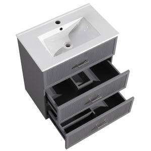 English Elm 30 Inch Bathroom Vanity With Ceramic Sink Combo - Modern Gray Freestanding Storage Cabinet Set W1550S00046