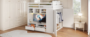 English Elm Full Size Loft Bed with Led Lighting Wardrobe Drawers and Shelves for Teen Rooms White LT000499AAK