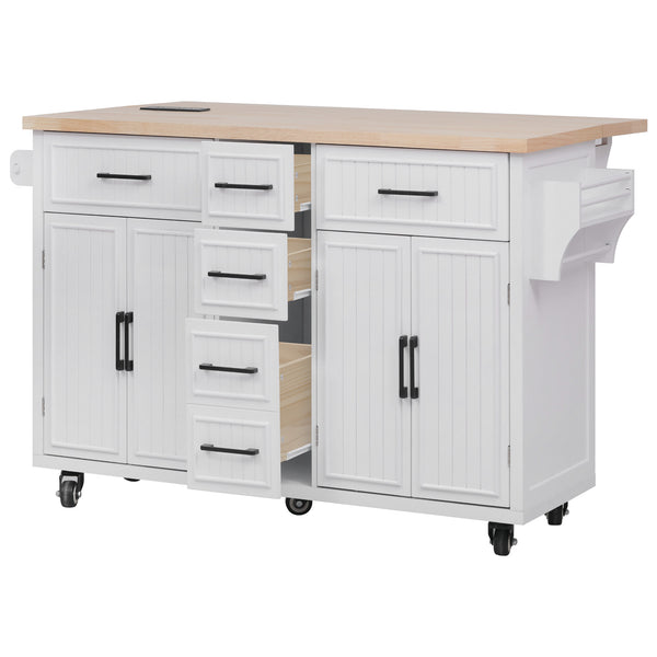 English Elm K&K 56.5" Kitchen Island with Drop Leaf, Embossed Vertical Stripe Barn Doors, Wheels & Charging Hub White N707P263094W