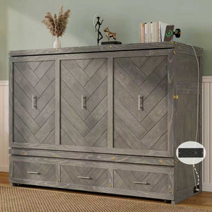 English Elm Queen Murphy Cabinet Bed Pine Wood Geometric Panel Antique Grey with Usb Charging W504S00302