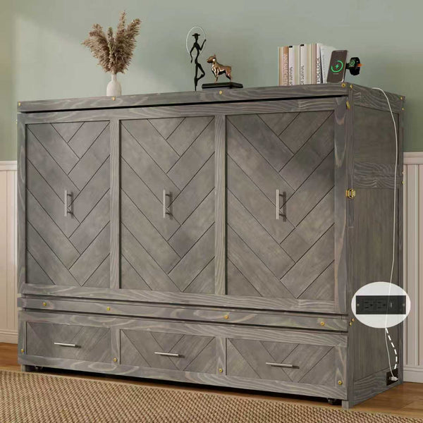 English Elm Queen Murphy Cabinet Bed Pine Wood Geometric Panel Antique Grey with Usb Charging W504S00302