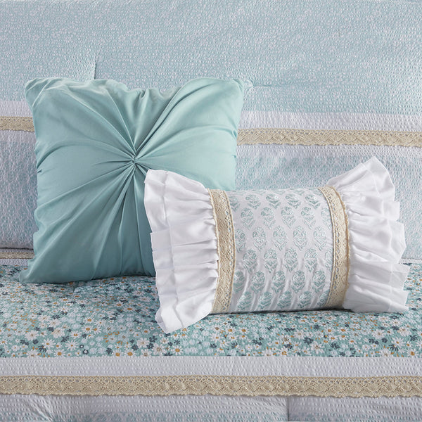 JLA Home Madison Park - 5 Seersucker Comforter Set Shabby Chic Floral Lace Trimmed Ruffled Pillows Hypoallergenic Finish Aqua MP10-8287