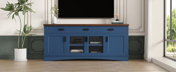 English Elm Christopher Knight Home® - Modern Blue TV Stand 67" with Walnut Top, Glass Door Center, 3 Drawers & Adjustable Shelves for Storage and Media Organization N779P296233B