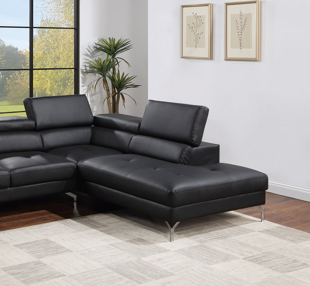 English Elm Black Bonded Leather Sectional 2-Pc Sofa Set with Adjustable Headrests, Plush Arms & Metal Legs B011S01200