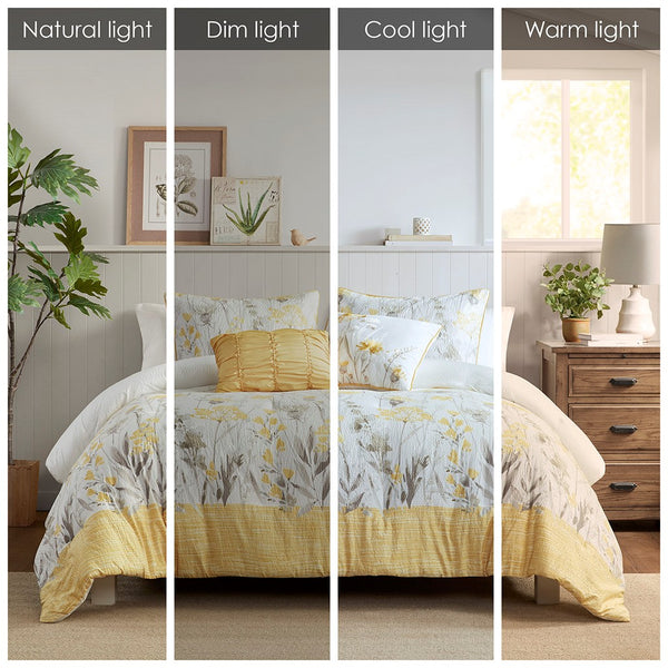 English Elm 5 Piece Seersucker Comforter Set with Throw Pillows Floral Cottage Farmhouse Microfiber Hypoallergenic Yellow 18.9 L x 23.62 W x 9.06 H B035P148357