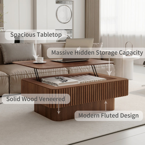 English Elm 38.6'' Fluted Walnut Lift-top Coffee Table with Hidden Storage for Modern Living W1435P380337