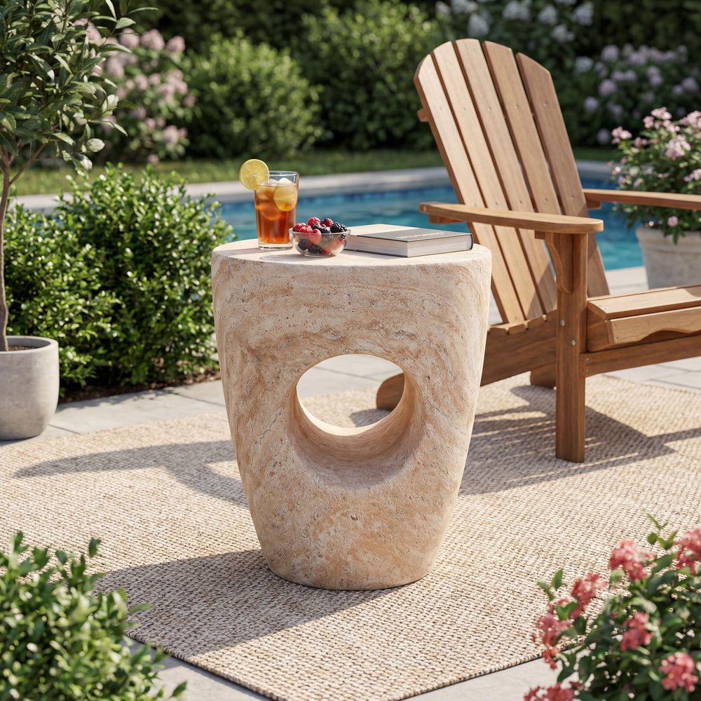 English Elm 14.5'' Sculptural Drum Side Table Magnesium Oxide Hollow Modern Indoor Outdoor Accent N767P290454T