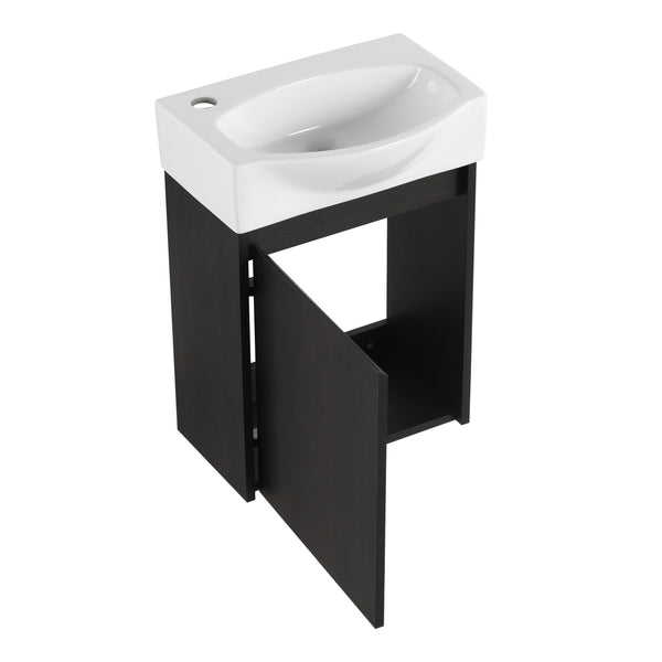 English Elm 16" Bathroom Vanity Sink Combo for Small Spaces — Compact Engineered Wood Cabinet with Ceramic Basin, Moisture-Resistant Finish and Hidden Handle, Easy Assembly Black W1972P190340