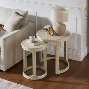 English Elm 24 Inch Round Pine Wood Nesting Side Tables Set of 2 Mid Century Rustic Living Room Accent Oak W2582P385364