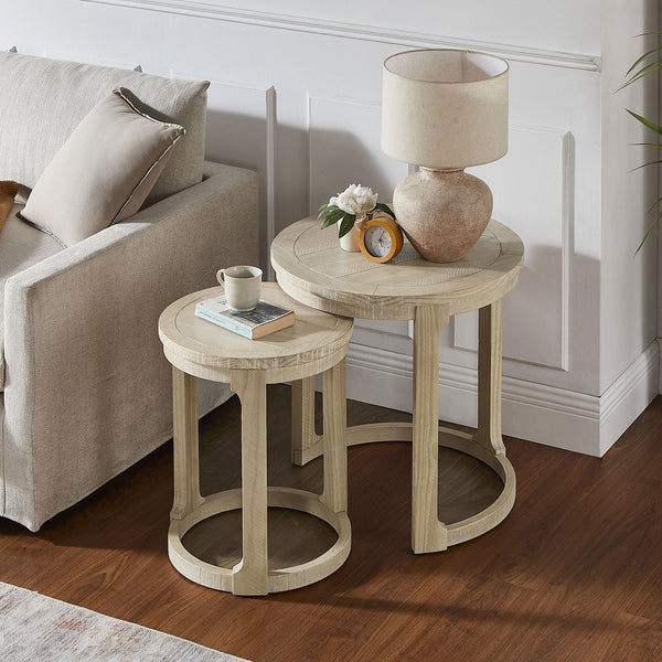 English Elm 24 Inch Round Pine Wood Nesting Side Tables Set of 2 Mid Century Rustic Living Room Accent Oak W2582P385364