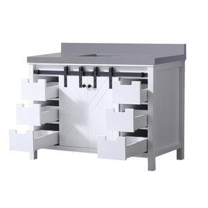 English Elm White Solid Wood Bath Vanity 48"W x 22"D with Grey Quartz Top, Soft-Close Drawers & Open Shelf B2731P260017