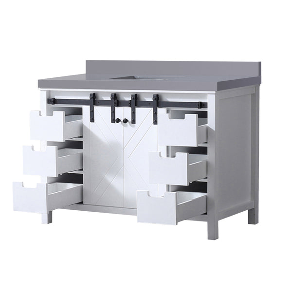 English Elm White Solid Wood Bath Vanity 48"W x 22"D with Grey Quartz Top, Soft-Close Drawers & Open Shelf B2731P260017