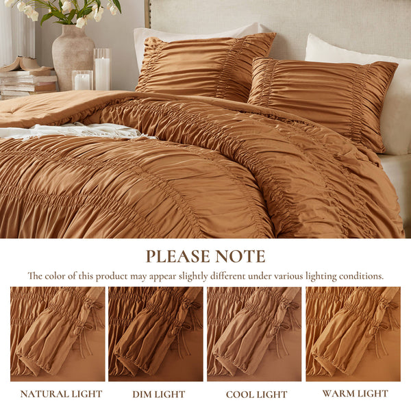 English Elm 2pcs Shabby Chic Ruched Comforter Set Bow Trim Brushed Polyester Fill Romantic Bedroom Brown B035P341088