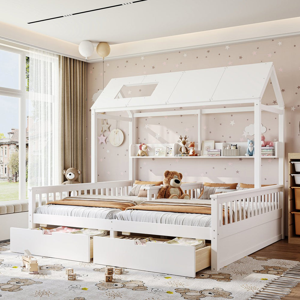 English Elm Double Twin House Bed Pine Wood Frame Kids Playhouse Bunk with Storage Drawers White W5305S00006