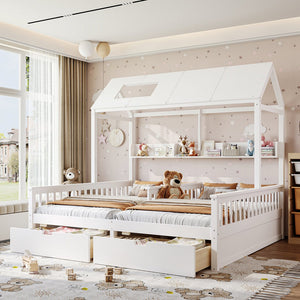 English Elm Double Twin House Bed Pine Wood Frame Kids Playhouse Bunk with Storage Drawers White W5305S00006