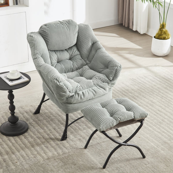 English Elm Lazy Chair Plush Ottoman Lounge Chair with Ergonomic Back, Side Pocket, Steel Frame Comfort Light Green W640P271556