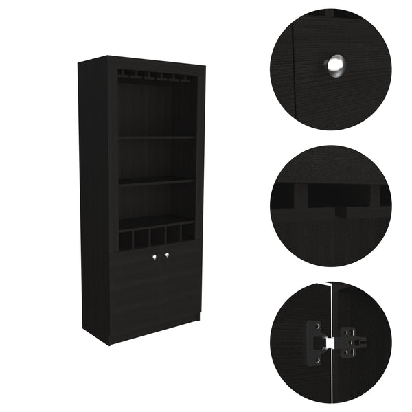 English Elm Montenegro Tall Black Bar Cabinet with Wine Storage Open Shelving and Glass Rack B070S00343