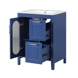 English Elm 24" Modern Bathroom Vanity with Ceramic Sink, Solid Wood & MDF Cabinet, Two Drawers, Shelf Blue N725P245273C