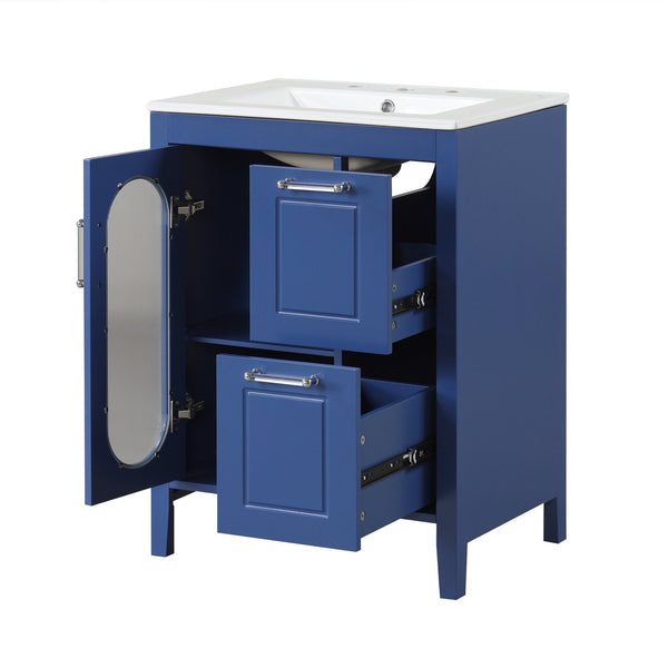 English Elm 24" Modern Bathroom Vanity with Ceramic Sink, Solid Wood & MDF Cabinet, Two Drawers, Shelf Blue N725P245273C