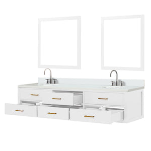 English Elm White Double Bath Vanity 84 in W x 22 in D with White Quartz Top, Chrome Faucets & Dual 36" Mirrors B2731S01844