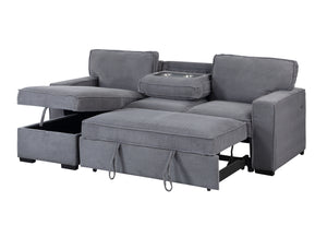 English Elm TERRITORY Light Grey Pull Out Sofa Bed with Flip-Down Cup Holders, Dark Gray Fabric, Modern Wood Frame B201S00325