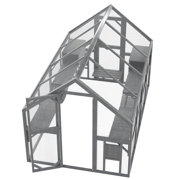 English Elm Cat, Cat Outdoor Wooden Enclosure with Seven Platforms Resting Boxes and Waterproof Canopy W1598S00040
