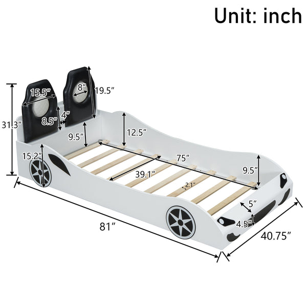 English Elm Wood Twin Race Car Platform Bed with LED Lighting, Upholstered Headrest, Sturdy Pine Build White GX002218AAK