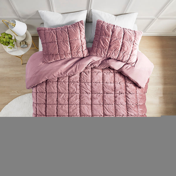 JLA Home Intelligent Design - 3 Plush Velvet Comforter Set with Hypoallergenic Down Alternative Fill, Box Quilting, OEKO-TEX Certified Pink ID10-2341