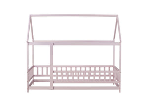 English Elm Twin Size House Floor Bed With Charming Roof Frame, Safety Guardrails & Soft Pink Finish For Kids W504P286405-GIGA