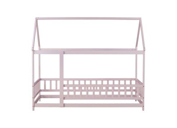 English Elm Twin Size House Floor Bed With Charming Roof Frame, Safety Guardrails & Soft Pink Finish For Kids W504P286405-GIGA