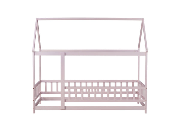 English Elm Twin House Frame Floor Bed Rubberwood with Roof Canopy and Safety Rails for Kids Pink W504P429347