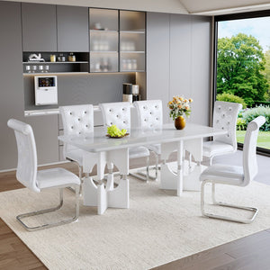 English Elm Modern White Faux Marble 7 Piece Dining Set Tufted Pvc Chairs for Kitchen W3875S00080