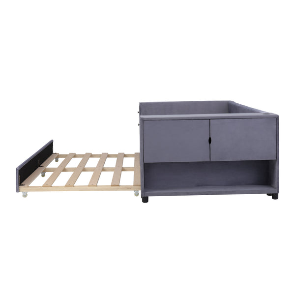 English Elm Twin Upholstered Bed with Trundle and Storage Drawers, USB Ports, French Velvet Luxurious Feel Gray SF000184AAE