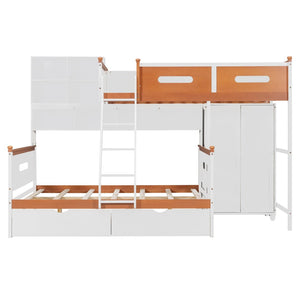 English Elm Twin Over Full Wooden Bunk Bed With Stylish Storage, Led Light, Drawers, And Wardrobe In White & Orange N820S00063K-GIGA