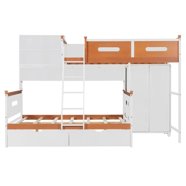 English Elm Twin Over Full Wooden Bunk Bed With Stylish Storage, Led Light, Drawers, And Wardrobe In White & Orange N820S00063K-GIGA