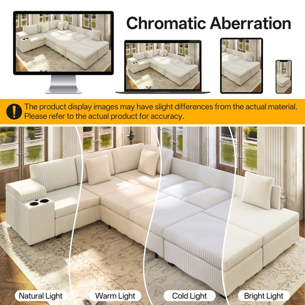 English Elm 110.2" Corduroy Sectional Sleeper Sofa with Ottoman Usb Ports Storage Armrests Living Room Beige W3219S00013