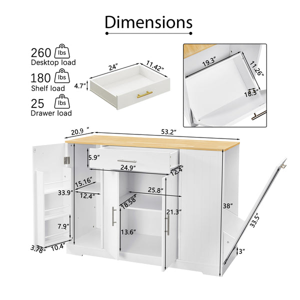 English Elm 53'' Kitchen Storage Islands with Drawers and Trash Can Storage, Modern Farmhouse Design, 53.2"W x 20.9"D x 38.0"H White W1820P281267