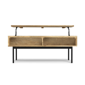 English Elm Reeves Lift Top Coffee Table in Natural Mango Wood with Raffia, Iron Base, Storage & Split Lift Top B136P203457