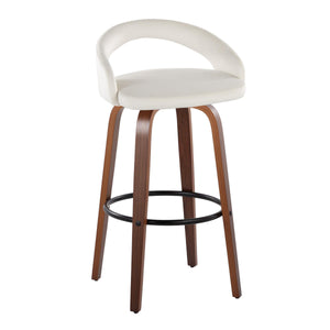 English Elm Fixed-height Swivel Barstools Walnut Bentwood Legs White Velvet Seat Set of 2 B202S01916