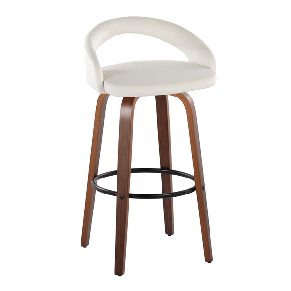 English Elm Fixed-height Swivel Barstools Walnut Bentwood Legs White Velvet Seat Set of 2 B202S01916
