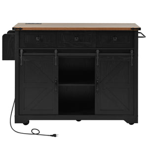 English Elm K&k Farmhouse Rolling Kitchen Island with Drop Leaf Power Outlets and Storage Cabinet Black N707S170347B
