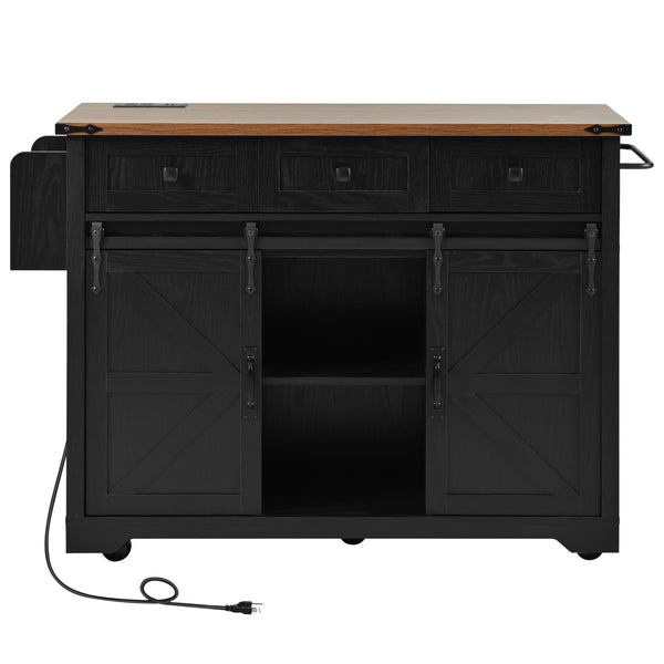 English Elm K&k Farmhouse Rolling Kitchen Island with Drop Leaf Power Outlets and Storage Cabinet Black N707S170347B