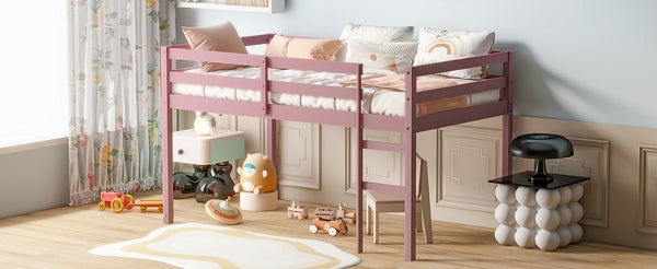 English Elm Solid Twin Loft Bed with Ladder and Reinforced Slats for Storage-Friendly, Space-Saving Bedrooms Pink W504P190960