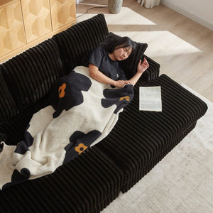 English Elm 84Inch Corduroy sofa with deep seats, 3 back pillows, 2 toss pillows, ottomans, cup grooves, storage Black W834S00356