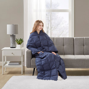 JLA Home True North by Sleep Philosophy - Wearable Oversized Goose Down Throw Jacket with Water-Repellent Shell, Packable Warmth & Button Closure Indigo TN50-0483
